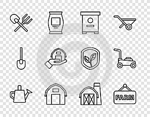 Set line Watering can, Signboard with text Farm, Hive for bees, house, Shovel and rake, hand, and Lawn mower icon