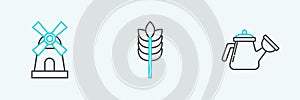 Set line Watering can, Windmill and Cereals with rice, wheat, corn, oats, rye icon. Vector
