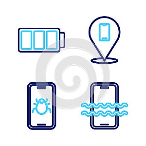 Set line Waterproof phone, System bug mobile, Phone repair service and Battery icon. Vector