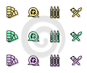 Set line Wax crayons for drawing, Color palette guide, Paint spray and brush icon. Vector
