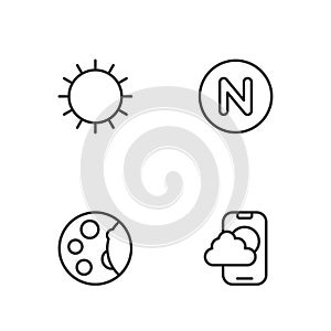 Set line Weather forecast app, Moon phases, Sun and Compass north icon. Vector