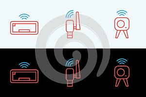 Set line Web camera, Computer keyboard and Usb wireless adapter icon. Vector