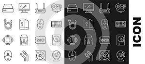 Set line Web camera, Hard disk drive HDD, Keyboard, Router and wi-fi signal, Case of computer, Electric plug, Server