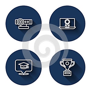 Set line Web camera, Online education with diploma, Graduation cap speech bubble and Award cup with long shadow. Blue