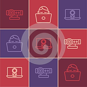 Set line Web camera, Online education with diploma and Student working laptop icon. Vector