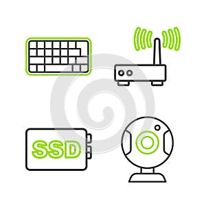 Set line Web camera, SSD card, Router and wi-fi signal and Keyboard icon. Vector