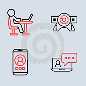 Set line Web camera, Video chat conference, and Freelancer icon. Vector