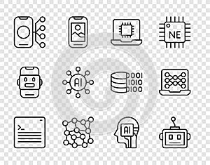 Set line Web developer programming code, Artificial intelligence robot, Processor CPU, Neural network, Humanoid and icon