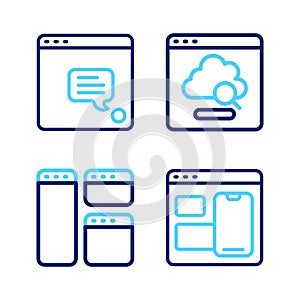 Set line Web developer programming code, Browser window, Cloud technology data transfer and New chat messages