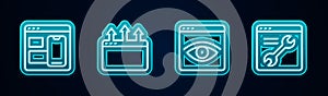 Set line Web developer programming code, Browser window, incognito and setting. Glowing neon icon. Vector