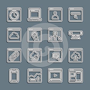 Set line Web developer programming code, Cloud upload, Search engine, Create account screen, Infographic of city map