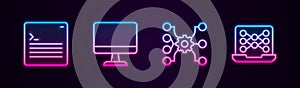 Set line Web developer programming code, Computer monitor, Neural network and . Glowing neon icon. Vector