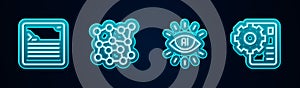 Set line Web developer programming code, Neural network, Artificial intelligence AI and . Glowing neon icon. Vector