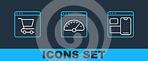 Set line Web developer programming code, Online shopping on screen and Digital speed meter icon. Vector