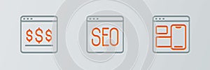 Set line Web developer programming code, Online shopping on screen and SEO optimization icon. Vector