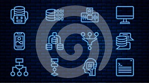 Set line Web developer programming code, Server, Data, Artificial intelligence AI, Mobile phone, robot, Funnel or filter