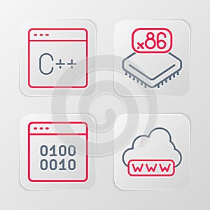 Set line Web development, Binary code, Processor with microcircuits CPU and Software icon. Vector