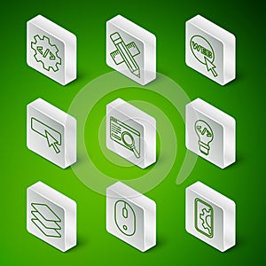 Set line Web development, Computer mouse, Front end, UI or UX design, Crossed ruler and pencil, Layers and icon. Vector
