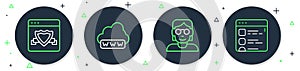 Set line Web development, Hacker or coder, Browser with shield and files icon. Vector