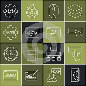 Set line Web development, Keyboard, UI or UX design, Computer mouse, Front end, and Website template icon. Vector