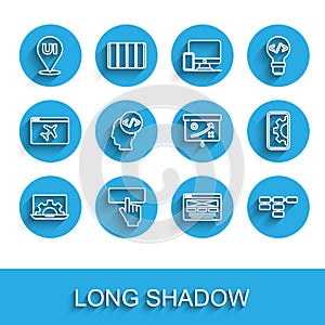 Set line Web development, Keyboard, UI or UX design, Site map, Front end, and Planning strategy concept icon. Vector