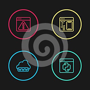 Set line Web development, Python programming language, Software and Browser with exclamation mark icon. Vector