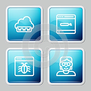 Set line Web development, Search engine, System bug and Hacker or coder icon. Vector