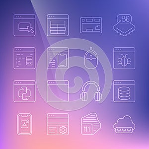 Set line Web development, Server, Data, Hosting, System bug, Keyboard, Software, Browser files and Computer mouse icon