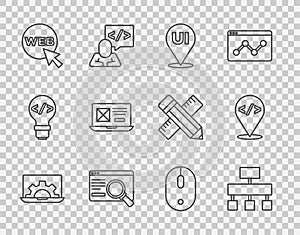 Set line Web development, Site map, UI or UX design, and graphic, Computer mouse and Front end icon. Vector