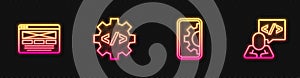 Set line Web development, UI or UX design, Front end and . Glowing neon icon. Vector