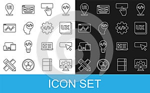 Set line Web development, UI or UX design, Keyboard, Front end, Website statistic, and icon. Vector