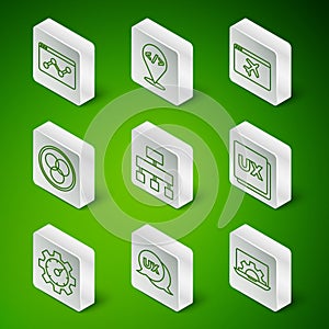 Set line Web development, UI or UX design, Website statistic, Site map, RGB and CMYK color mixing, Front end, and icon