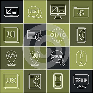 Set line Web and graphic design, Computer mouse, development, UI or UX, Website statistic, and Front end icon. Vector
