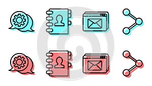 Set line Website and envelope, Speech bubble chat, Address book and Share icon. Vector