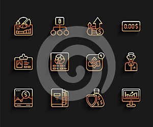 Set line Website with growth graph, Office folders, Stocks market graphs, Shield and money bag, Computer, Pie chart