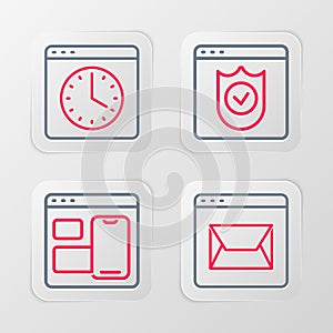 Set line Website and mail, developer programming code, Browser with shield and window icon. Vector