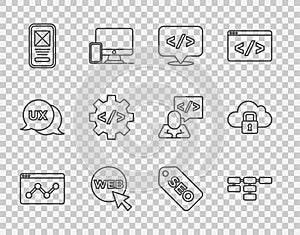 Set line Website statistic, Site map, Front end development, and graphic design, UI or UX, SEO optimization and Cloud