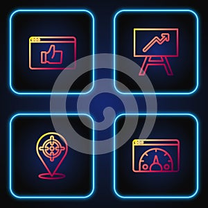 Set line Website statistic, Target, Customer product rating and Board with graph chart. Gradient color icons. Vector