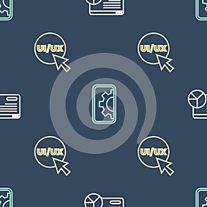 Set line Website statistic, UI or UX design and development on seamless pattern. Vector