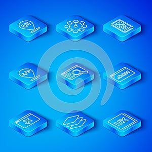 Set line Website template, UI or UX design, Layers, Front end development, and icon. Vector