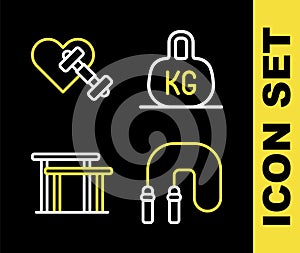 Set line Weight, Jump rope, Uneven bars and Dumbbell with heart icon. Vector