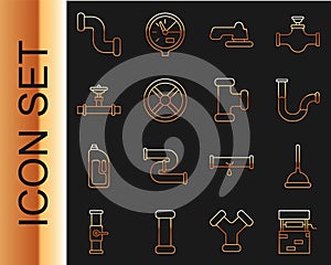 Set line Well, Rubber plunger, Industry metallic pipe, Water tap, valve, and, and icon. Vector