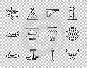 Set line Western cowboy hat, Buffalo skull, Revolver gun, Cowboy boot, Hexagram sheriff, Location, Crossed arrows and