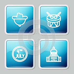 Set line Western cowboy hat, Drum and drum sticks, Calendar with date July 4 and White House icon. Vector