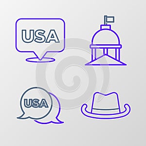 Set line Western cowboy hat, USA Independence day, White House and icon. Vector