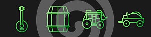 Set line Western stagecoach, Banjo, Wooden barrel and Wild west covered wagon. Gradient color icons. Vector