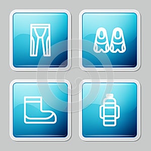 Set line Wetsuit for scuba diving, Flippers swimming, Boots and Aqualung icon. Vector