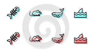 Set line Whale, Fish skeleton, Rat and Shark fin in ocean wave icon. Vector