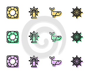 Set line Whale, Lifebuoy, Ship steering wheel and icon. Vector