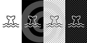 Set line Whale tail in ocean wave icon isolated on black and white, transparent background. Vector